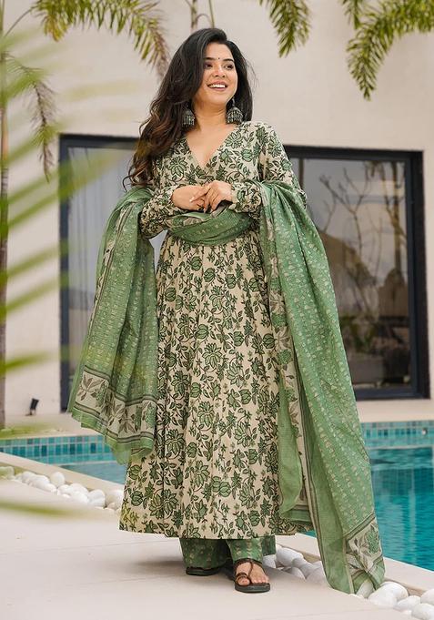 Beige Digital Print Cotton Kurta Set