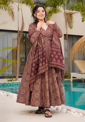 Brown Digital Print Cotton Kurta Set