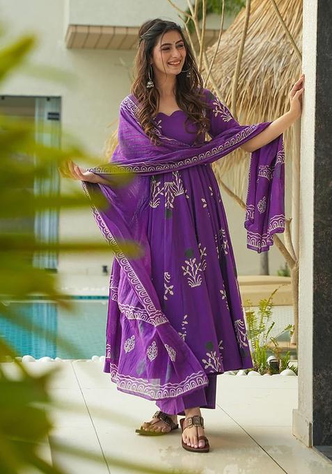 Purple Digital Print Cotton Kurta Set
