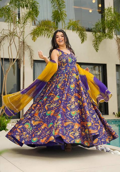 Purple Digital Print Silk Kurta