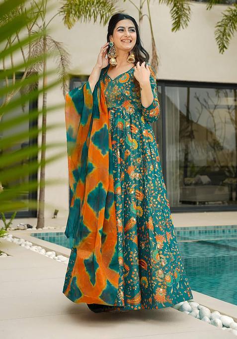 Green Digital Print Silk Kurta