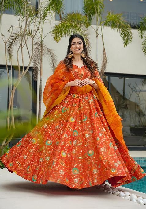 Orange Digital Print Silk Kurta