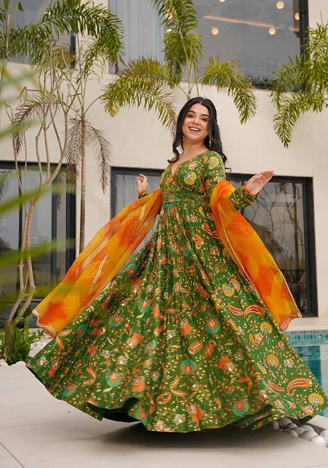 Mehendi Digital Print Silk Kurta With Dupatta