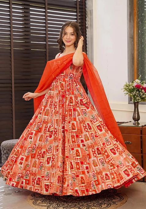 Red Digital Print Silk Kurta