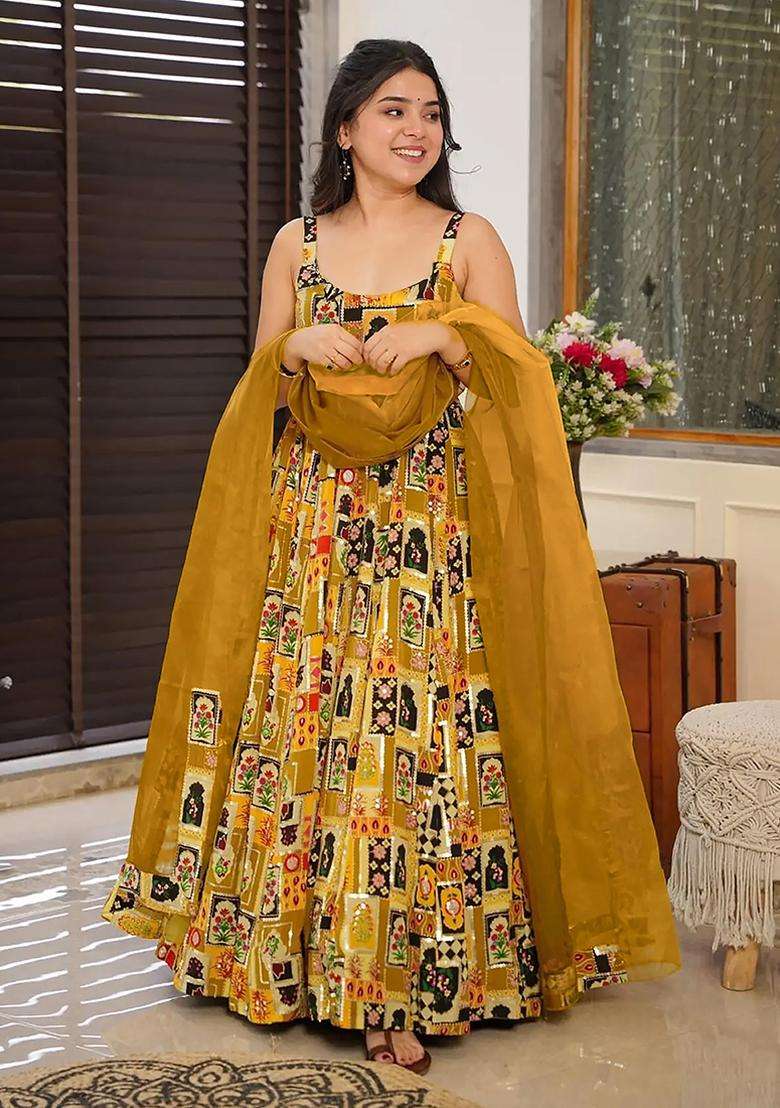 Yellow Digital Print Silk Kurta - Indya