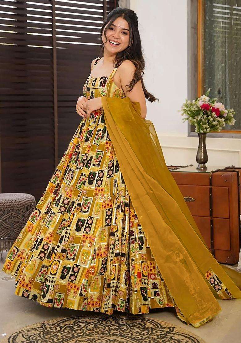 Yellow Digital Print Silk Kurta - Indya