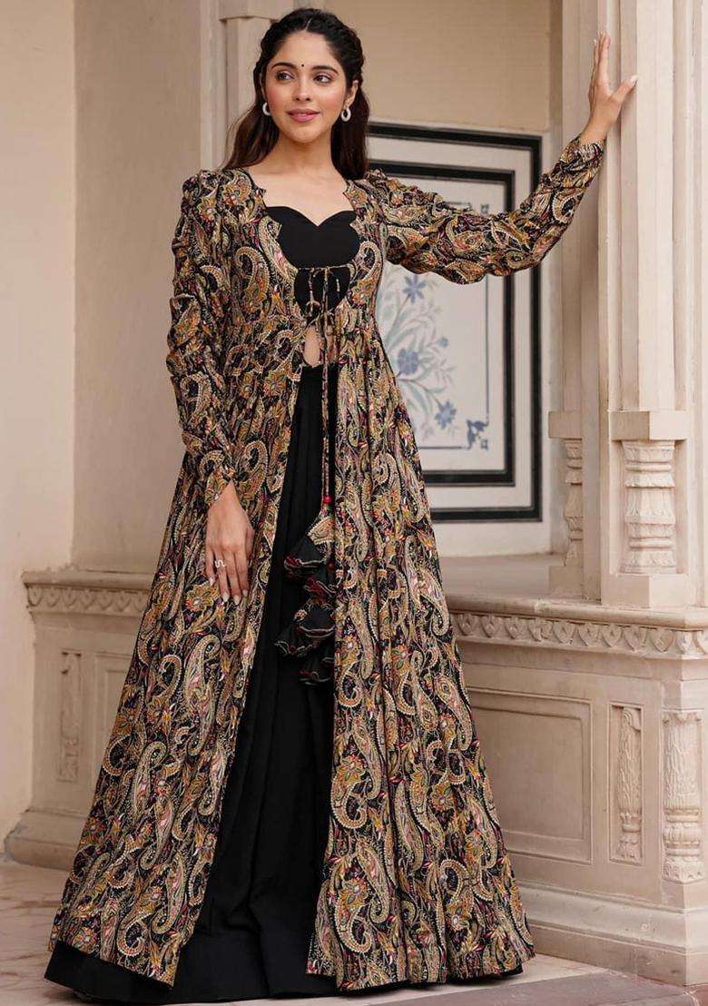 Black Digital Print Georgette Kurta Set - Indya