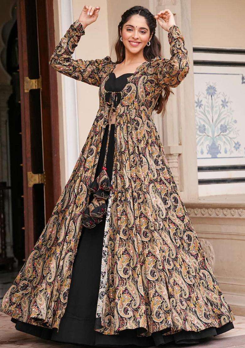 Black Digital Print Georgette Kurta Set - Indya