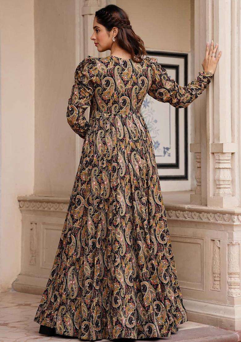 Black Digital Print Georgette Kurta Set - Indya