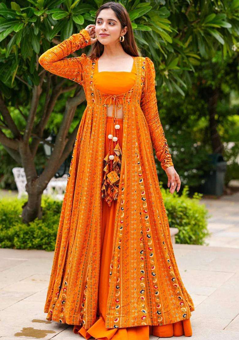 Orange Digital Print Georgette Kurta Set - Indya