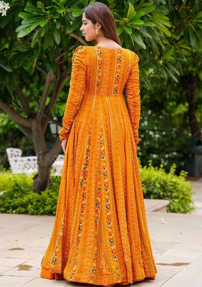 Orange Digital Print Georgette Kurta Set - Indya