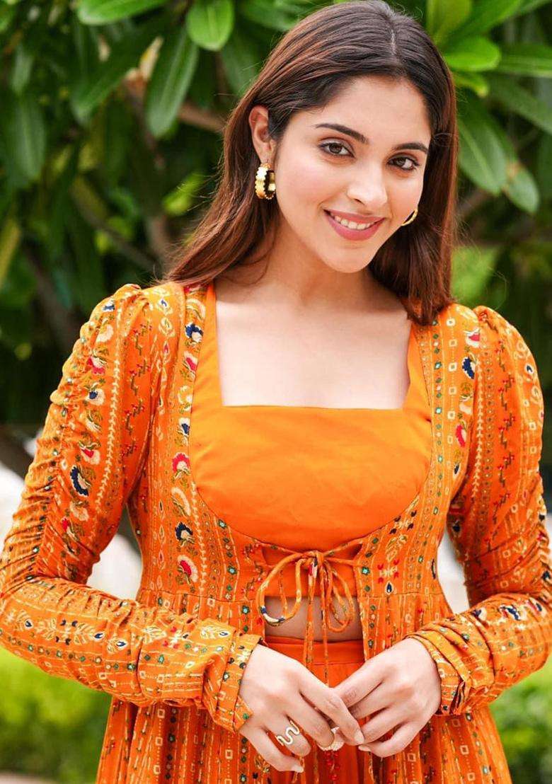 Orange Digital Print Georgette Kurta Set - Indya