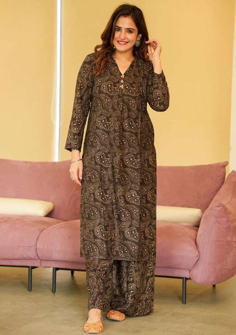 Brown Digital Print Muslin Kurta Set - Indya