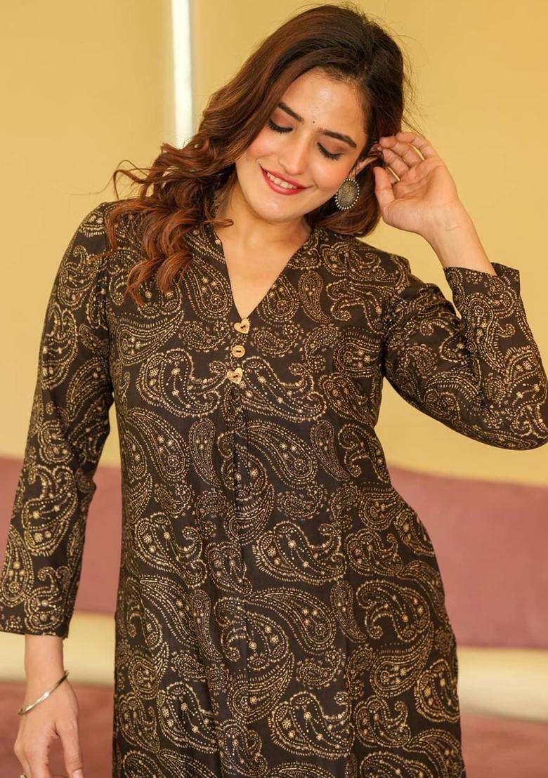 Brown Digital Print Muslin Kurta Set - Indya