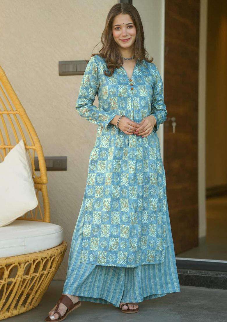 Sky Blue Digital Print Muslin Kurta Set - Indya