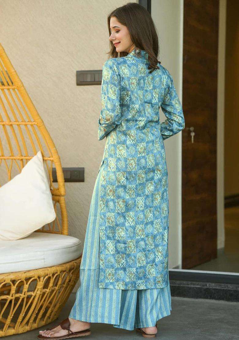 Sky Blue Digital Print Muslin Kurta Set - Indya