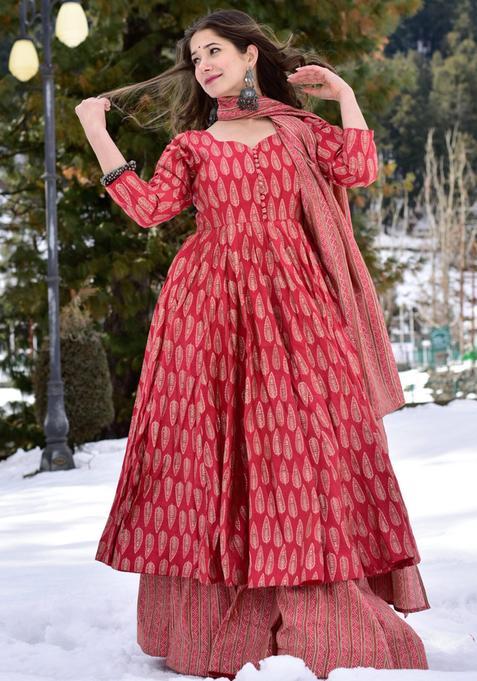 Red Digital Print Muslin Kurta Set