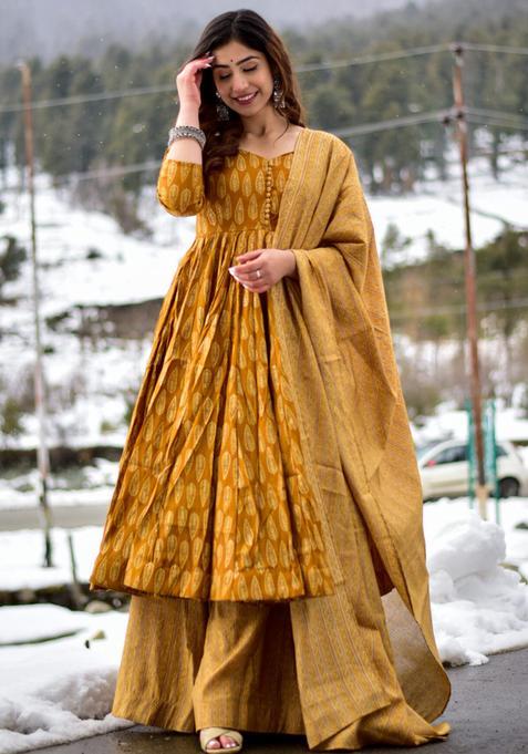 Mustard Digital Print Maslin&nbsp; Kurta Set