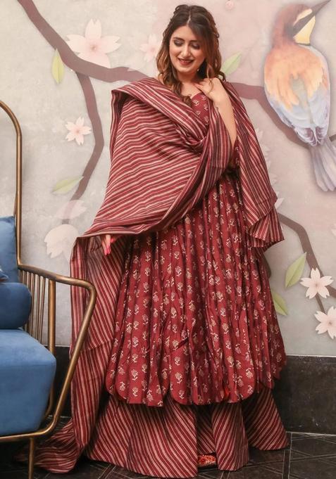 maroon Digital Print Muslin Kurta Set