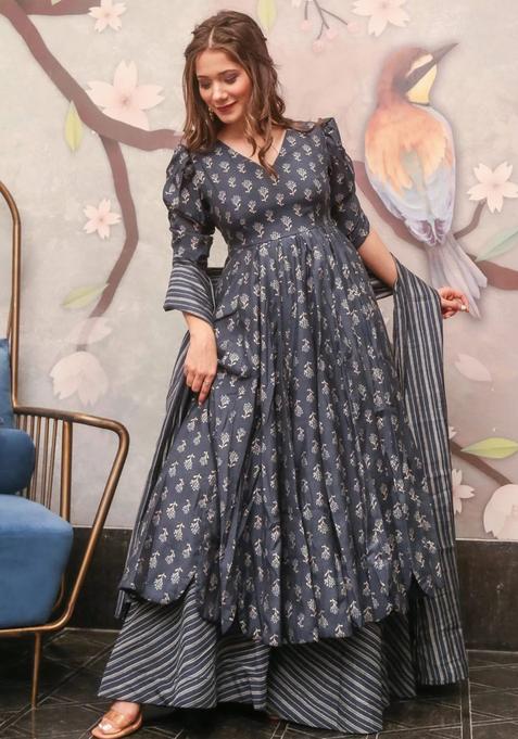 Grey Digital Print Maslin&nbsp; Kurta Set