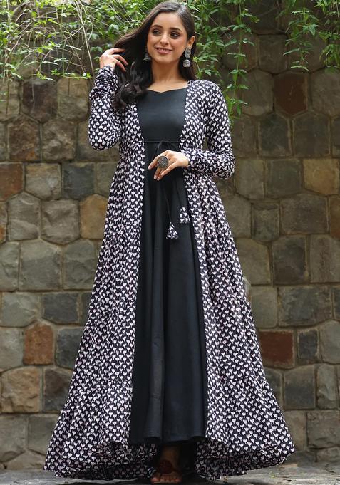 Black Digital Print Georgette Kurta With Shrug