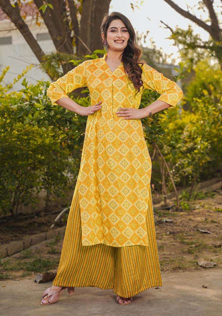 Yellow Digital Print Rayon Kurta Set - Indya