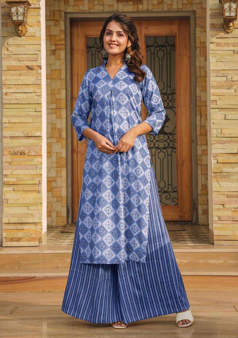 Blue Digital Print Rayon Kurta Set - Indya