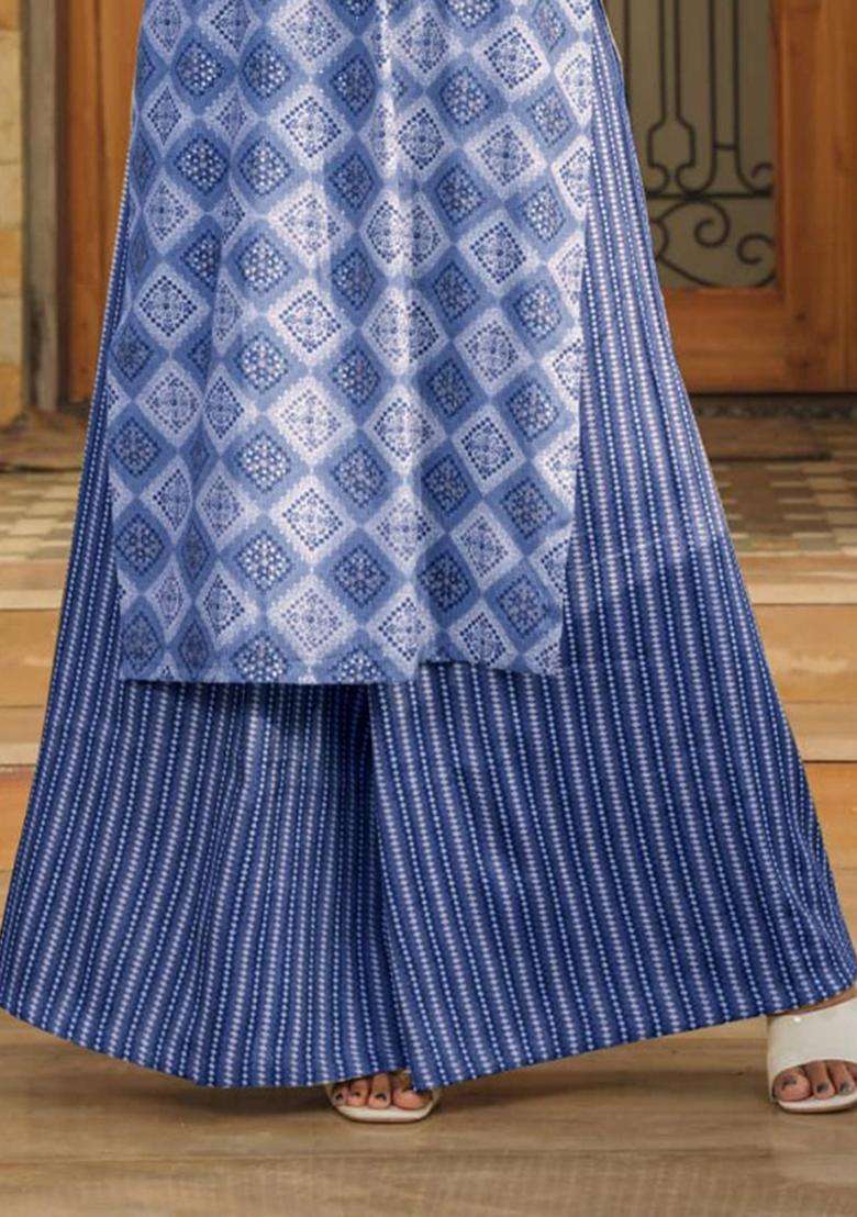 Blue Digital Print Rayon Kurta Set - Indya
