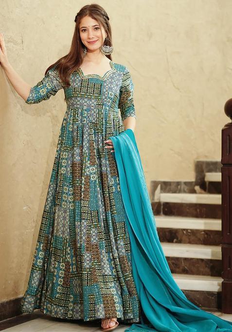 Blue Digital Print Rayon Kurta With Dupatta