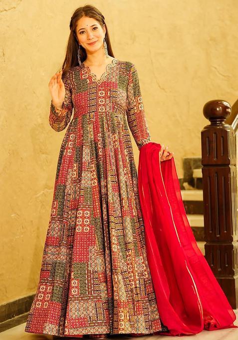 Multicolor Digital Print Rayon Kurta With Dupatta