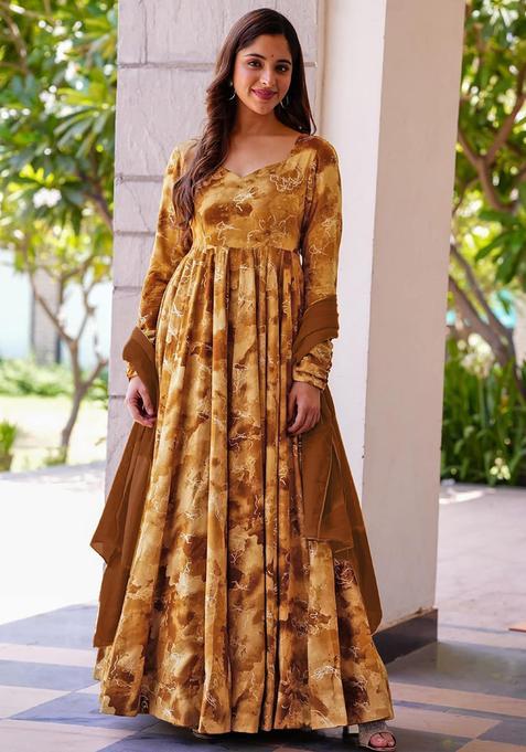 Mustard Digital Print Rayon Kurta With Dupatta