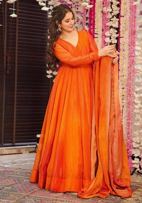 Orange Digital Print Heavy Airtex Chinon Kurta With Dupatta