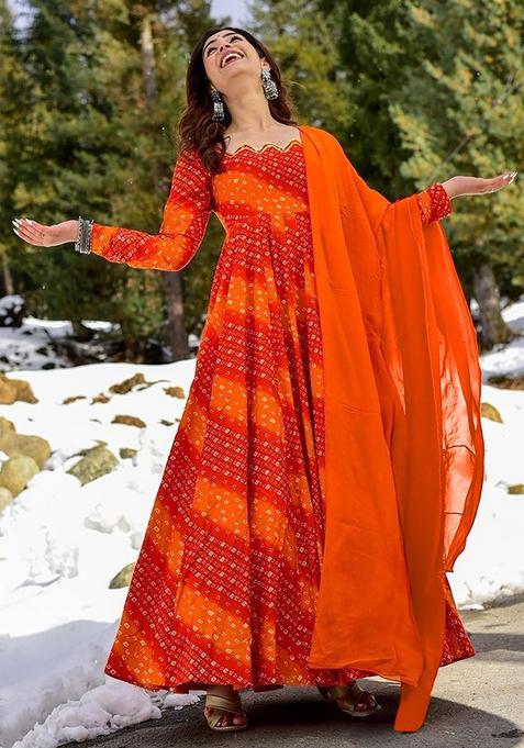 Orange Digital Print Heavy Rayon Kurta With Dupatta