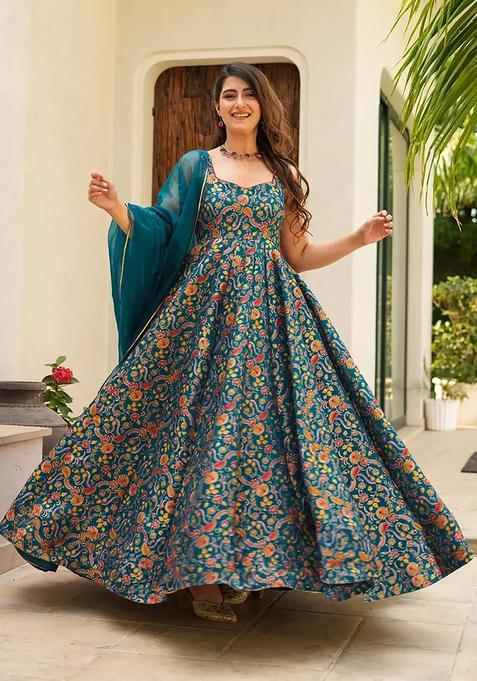 Teal Blue Digital Print Silk Kurta With Dupatta