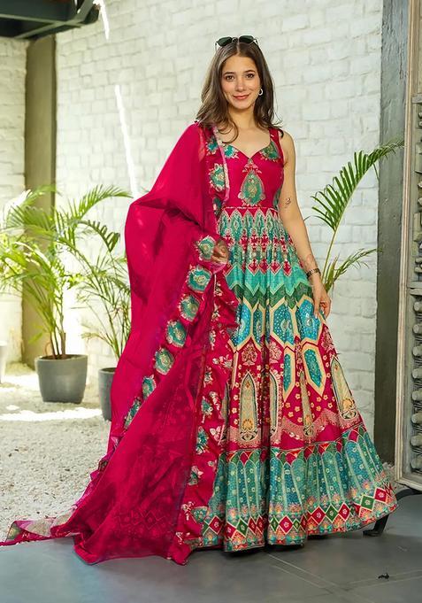 Red Digital Print Silk Kurta With Dupatta