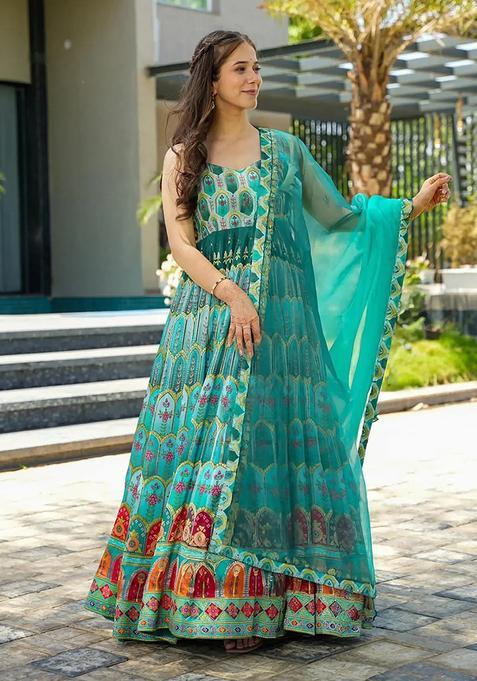 Sky Blue Digital Print Silk Kurta With Dupatta