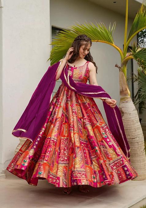 Pink Digital Print Silk Kurta With Dupatta