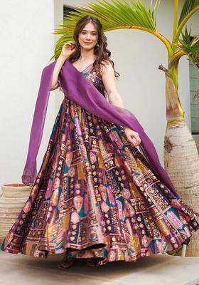 Purple Digital Print Silk Kurta With Dupatta