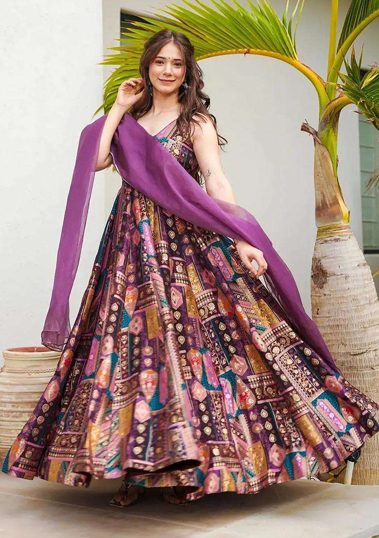 Purple Digital Print Silk Kurta With Dupatta - Indya