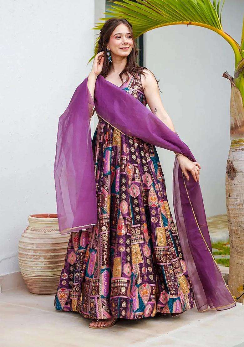 Purple Digital Print Silk Kurta With Dupatta - Indya