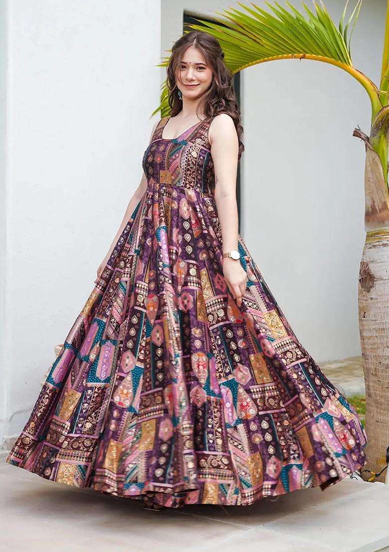 Purple Digital Print Silk Kurta With Dupatta - Indya