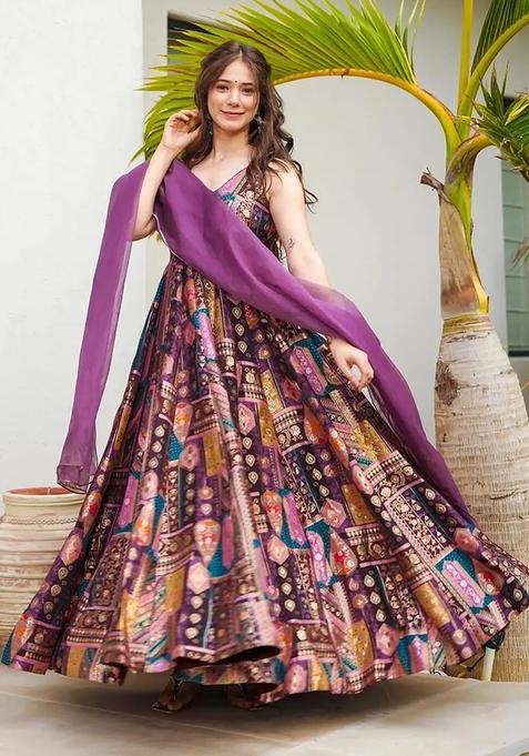 Purple Digital Print Silk Kurta With Dupatta