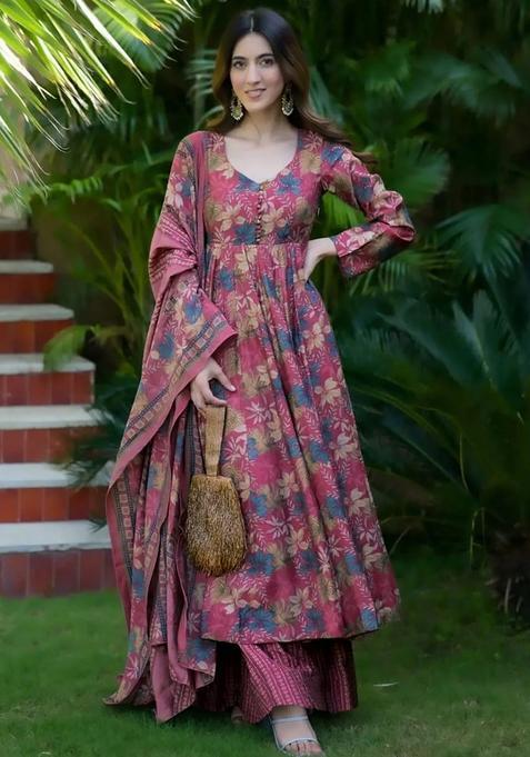Magenta Digital Print Maslin&nbsp;Kurta Set