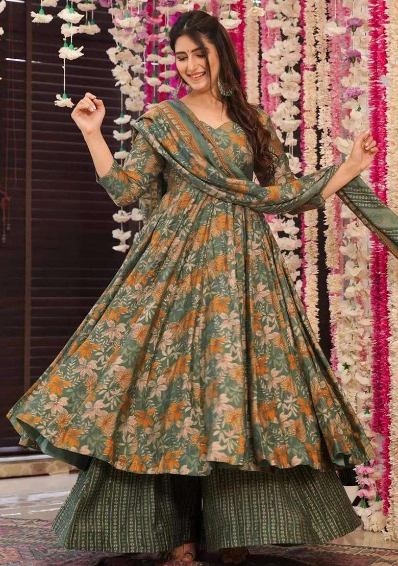Green Digital Print Muslin Kurta Set - Indya