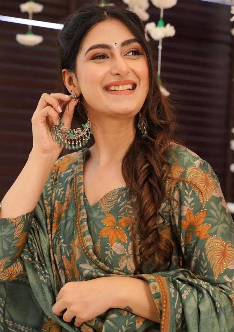 Green Digital Print Muslin Kurta Set - Indya