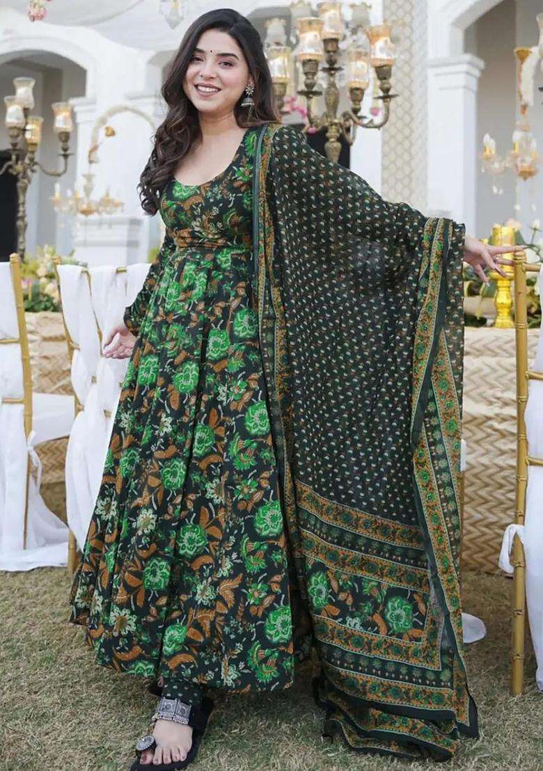 Green Digital Print Muslin Kurta Set - Indya