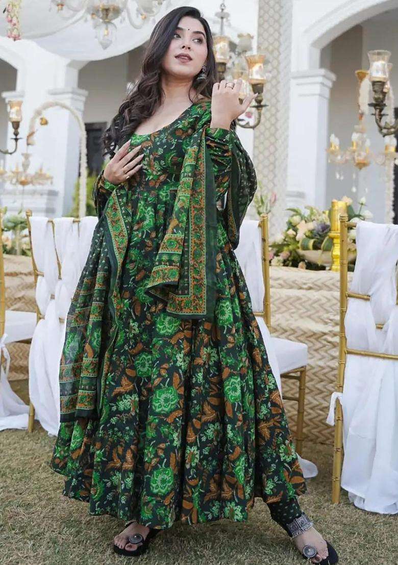Green Digital Print Muslin Kurta Set - Indya