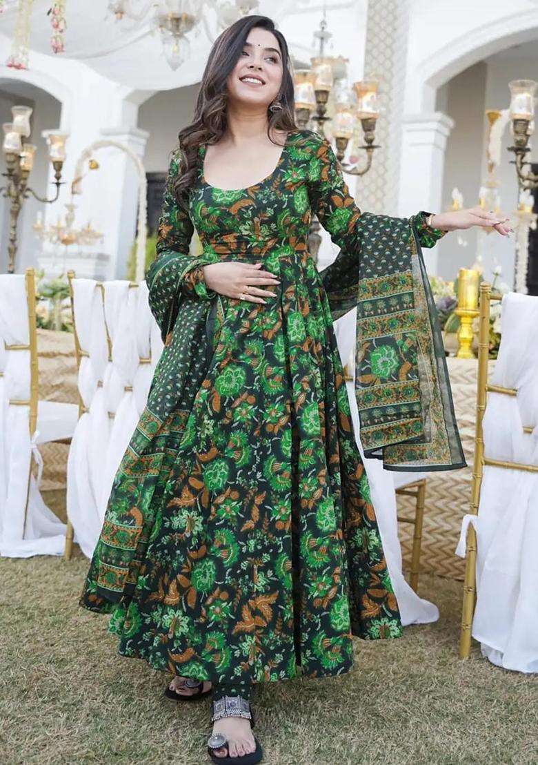 Green Digital Print Muslin Kurta Set - Indya