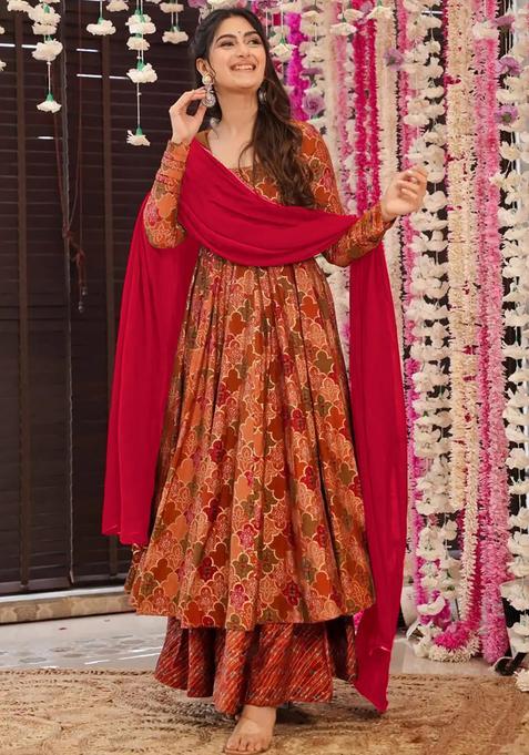 Orange Digital Print Maslin&nbsp;Kurta Set