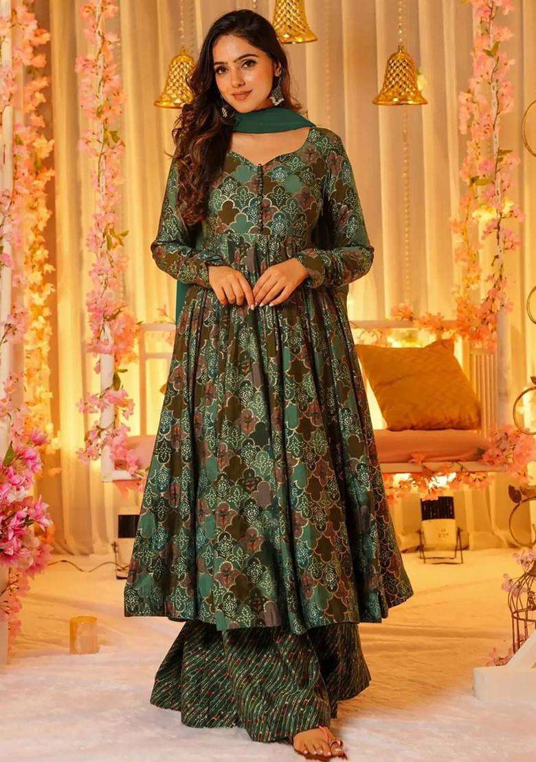 Green Digital Print Muslin Kurta Set - Indya